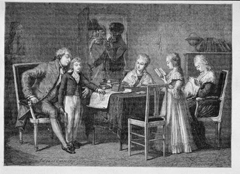 Die Freizeitbeschäftigungen der französischen Königsfamilie im Tempel, graviert von Jonnard